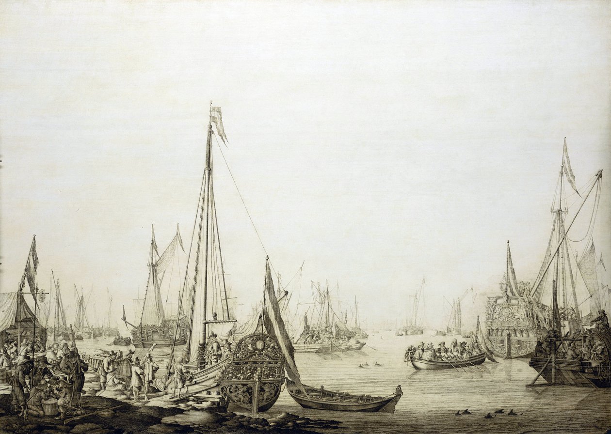 Une variété de navires dans un port bondé, cette peinture est historiquement associée au voyage de Charles II d