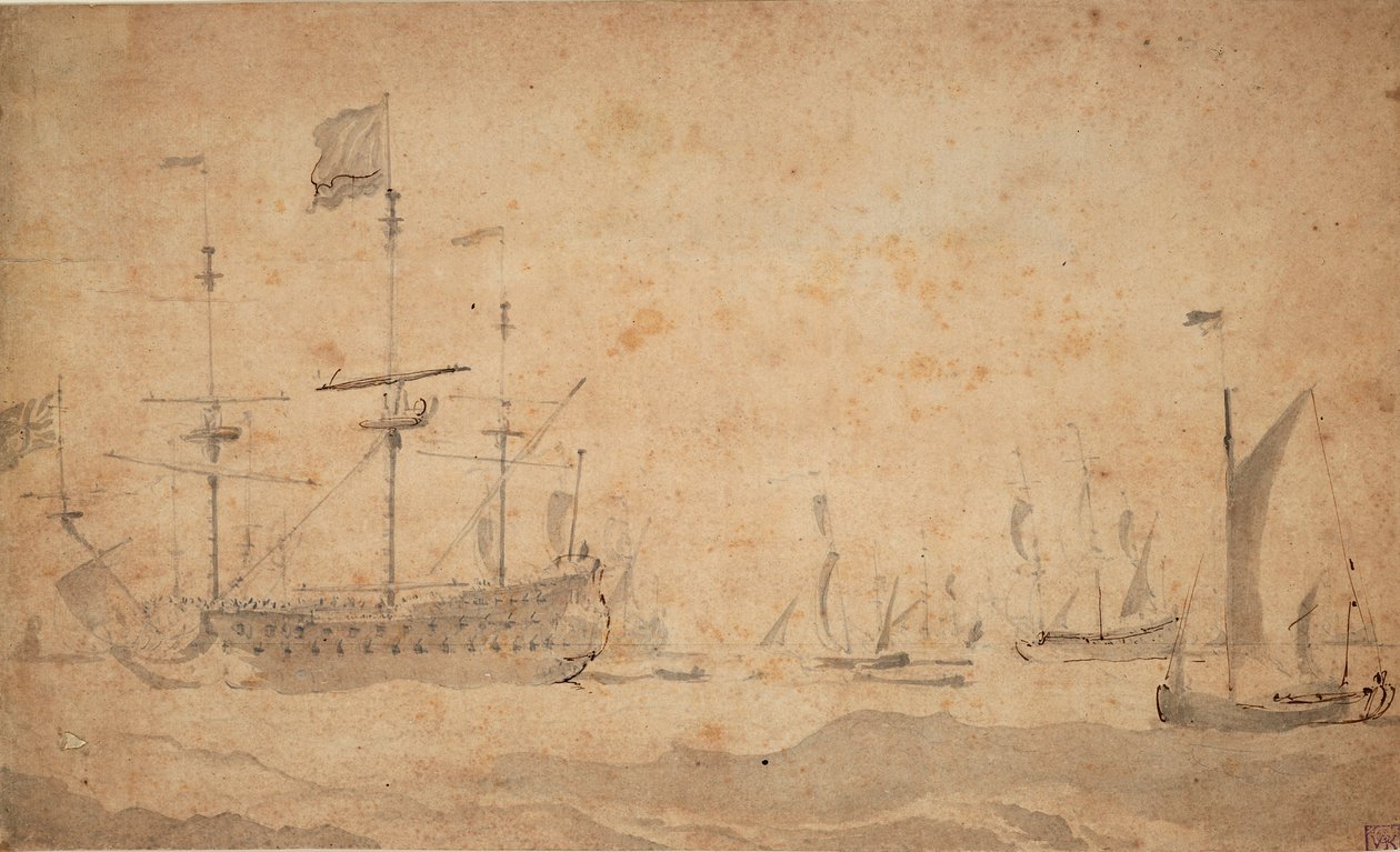 Un navire amiral anglais au mouillage, peut-être en juin 1673 - Willem van de the Elder Velde