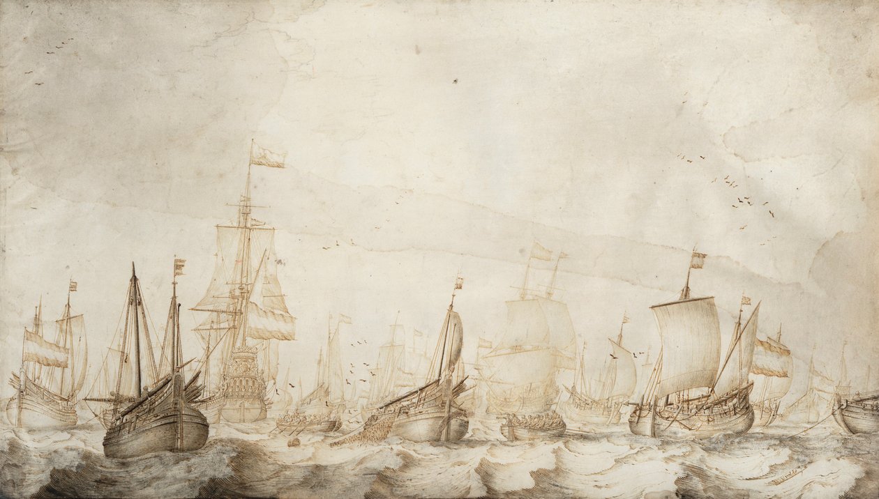 Bateaux de pêche au hareng hollandais en mer du Nord - Willem van de the Elder Velde