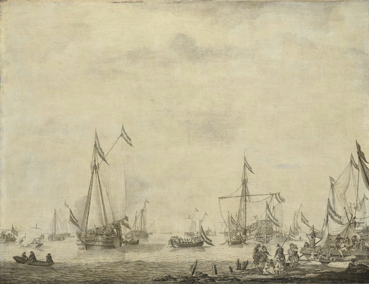 Le Royal Yacht et le State Yacht quittent Moerdijk avec Charles II - Willem van de the Elder Velde