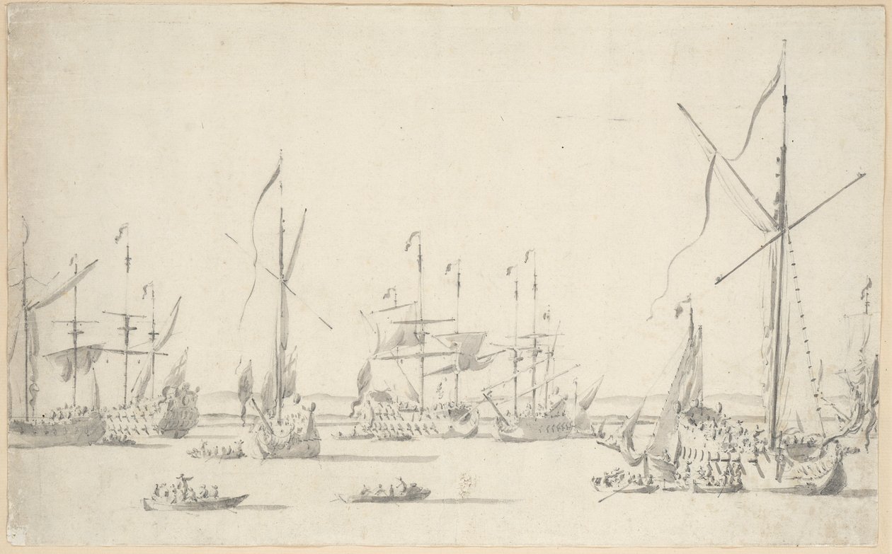 Les yachts et les navires au mouillage près de Sheerness, vers 1677 - Willem van de the Elder Velde