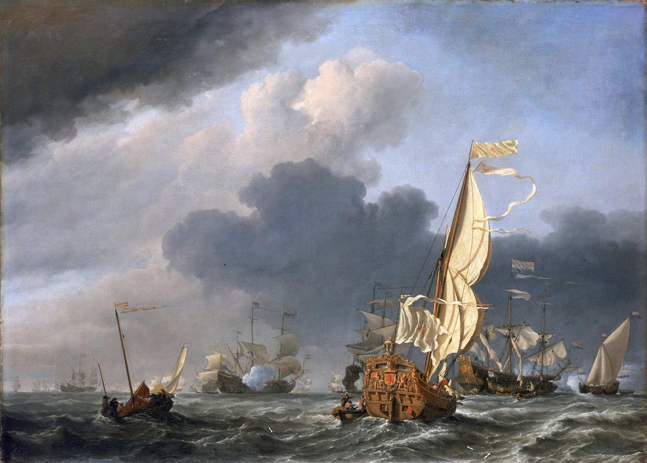 Yacht dans un vent fort, tentant de rejoindre un groupe de navires hollandais, probablement l