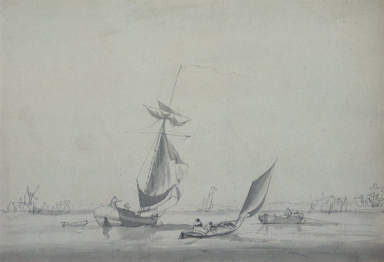 Bateaux de pêche : Rivage bas, avec un moulin à vent à gauche - William Anderson