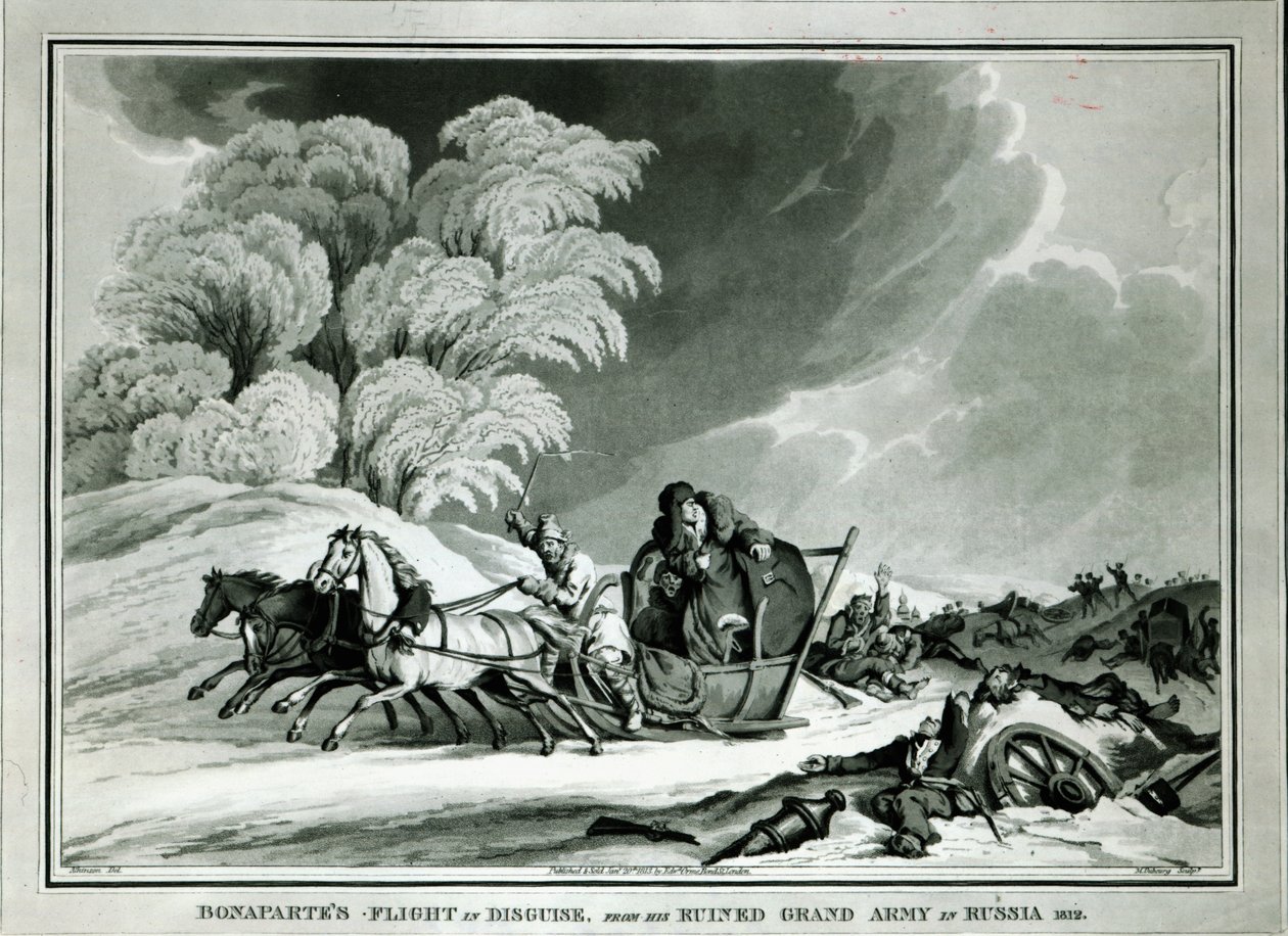 Napoléon déguisé pendant la retraite de Russie en 1812 (aquatinte) - William Atkinson
