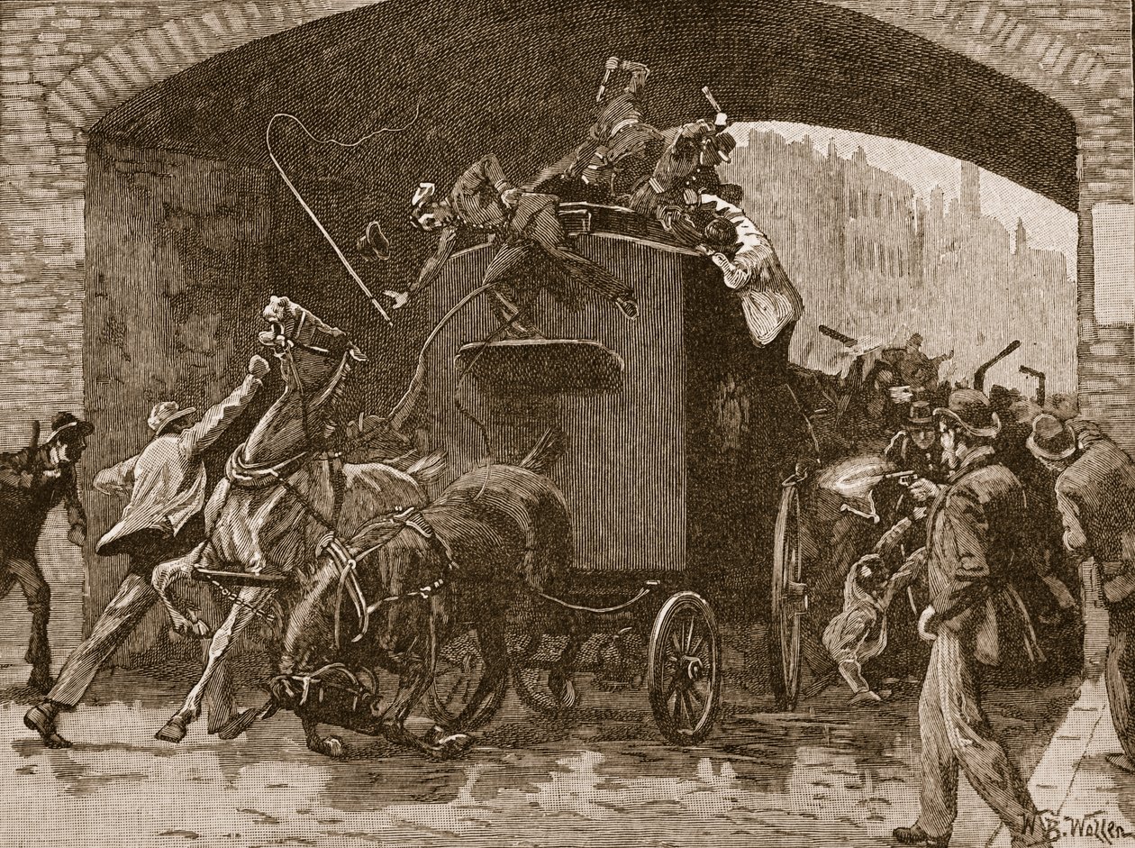 Attaque fenian sur la fourgonnette de police à Manchester, 1867, illustration de 