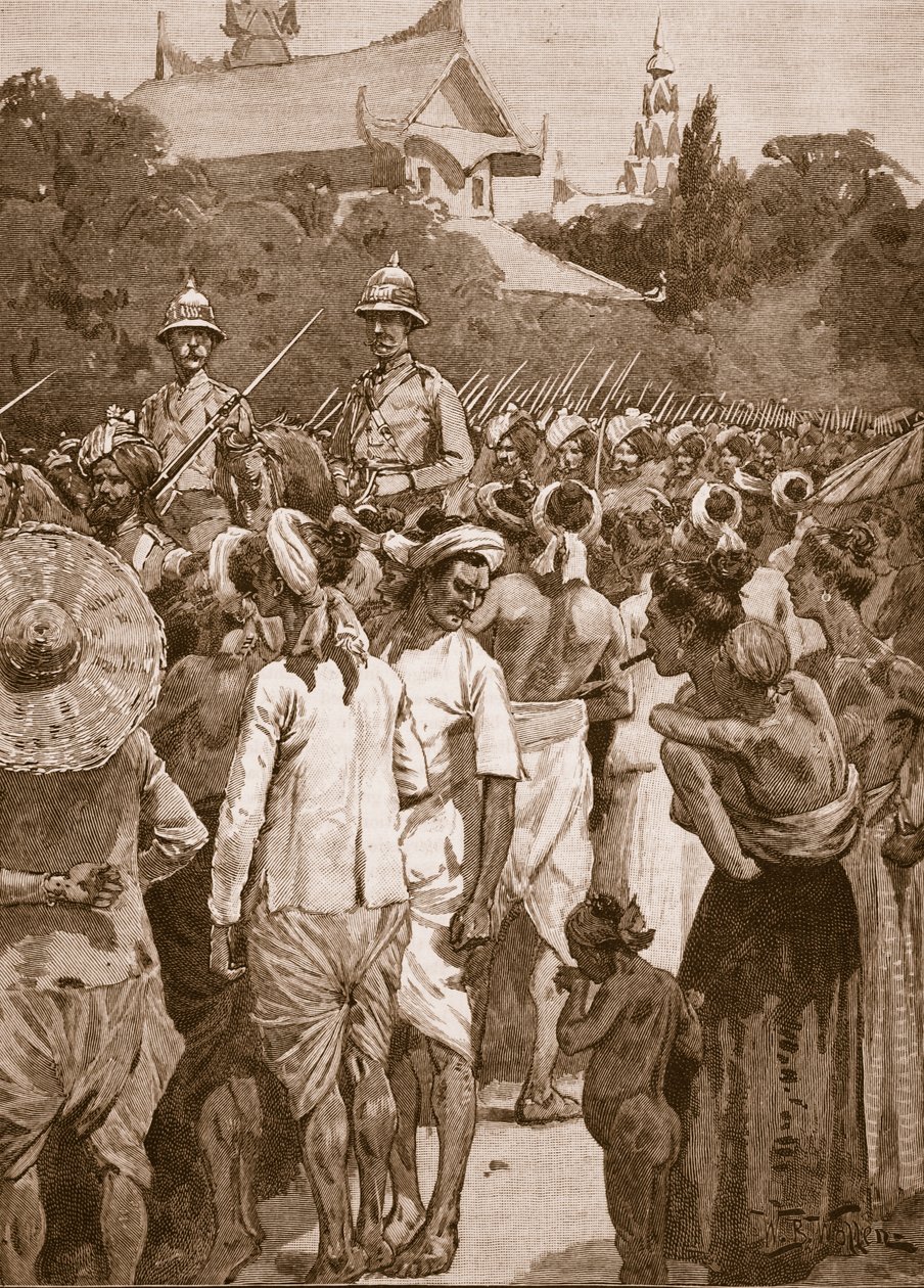 Les forces britanniques entrant à Mandalay, 1885, illustration de 