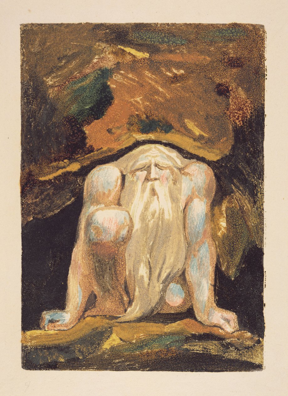 Un homme nu avec une longue barbe agenouillé avec un genou levé et les deux mains sur le sol, planche 8 de 
