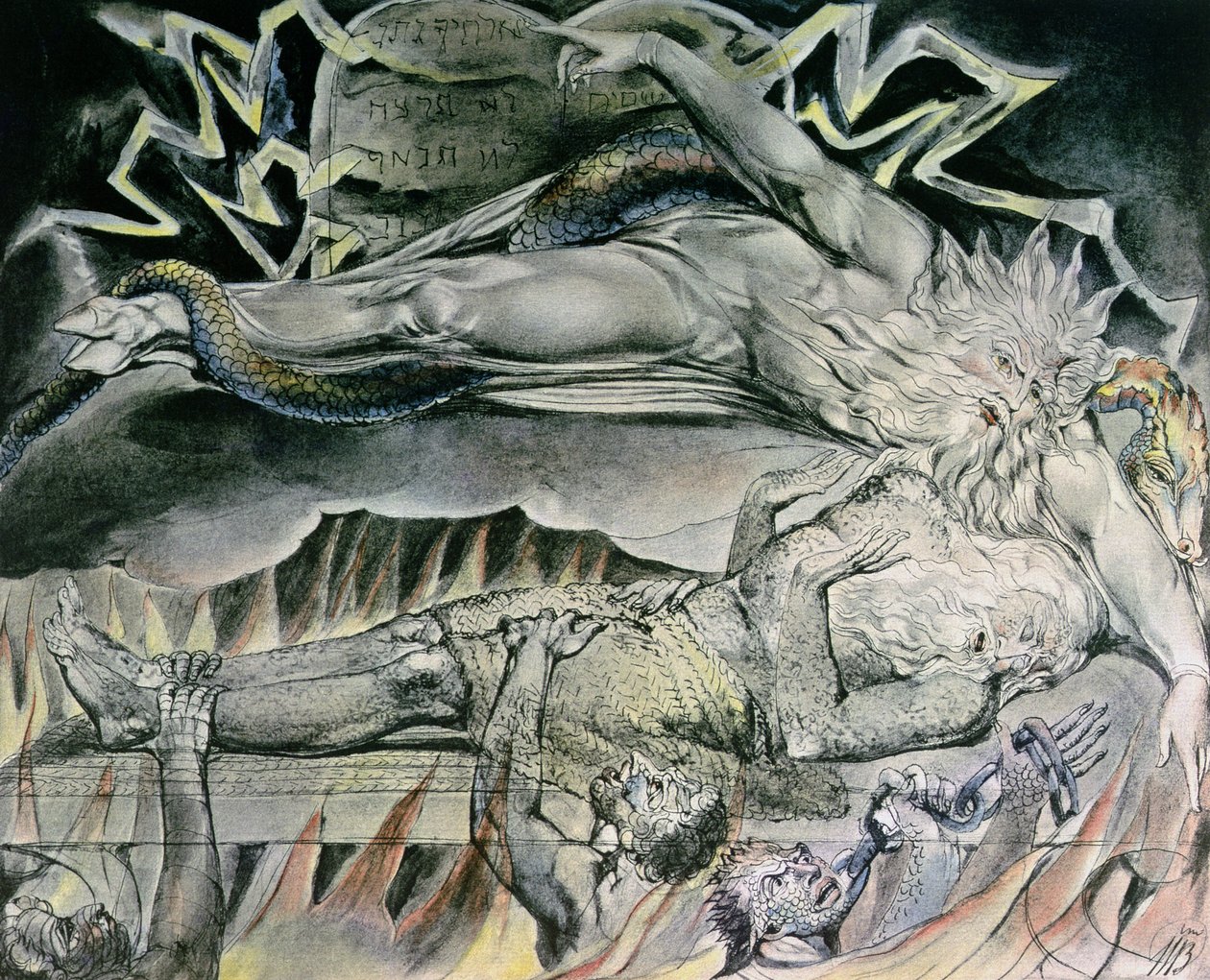 Illustrations du Livre de Job; Les mauvais rêves de Job, montrant le Dieu de Job, devenu Satan avec un sabot fendu et enlacé par un serpent, pointant vers les Tablettes de la Loi de Moïse, 1825 - William Blake
