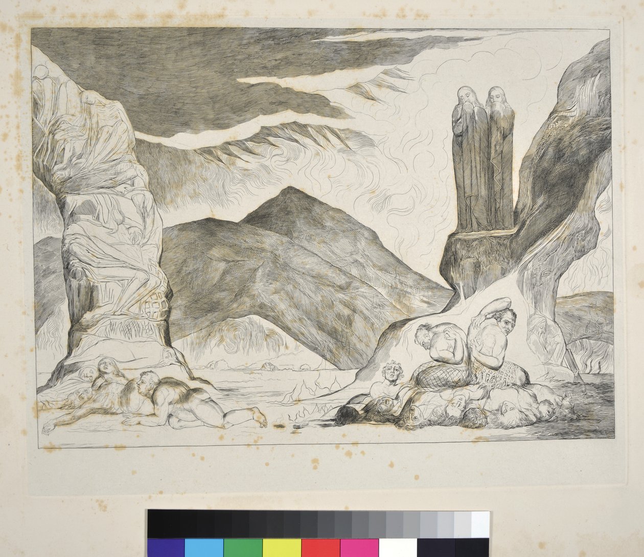 Le cercle des falsificateurs : Dante et Virgile se couvrant le nez à cause de la puanteur, Inferno, Chant XXIX, illustration de la 