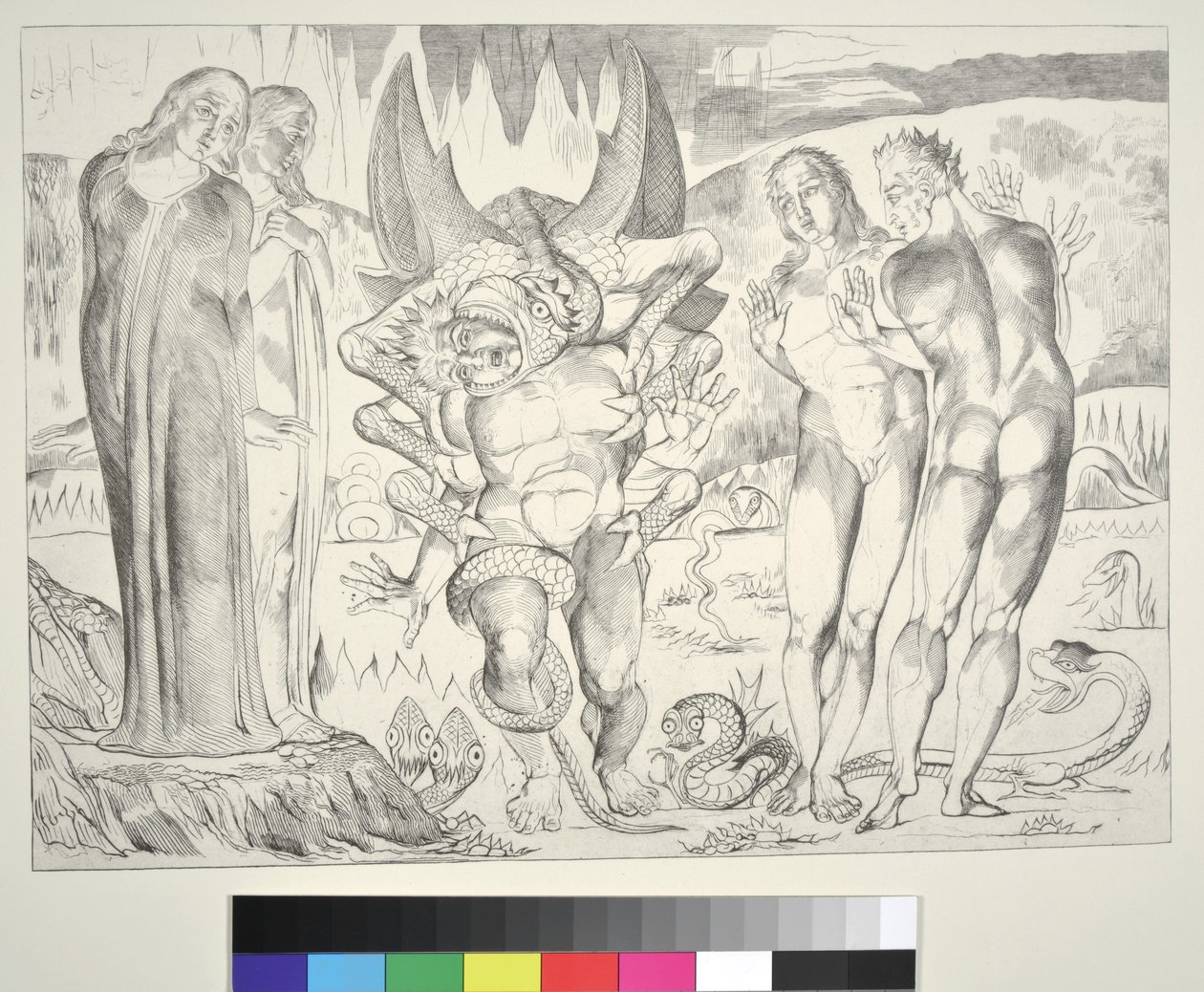Le Cercle des Voleurs : Agnolo Brunelleschi attaqué par un serpent à six pieds, Inferno, Chant XXV, illustration de la 