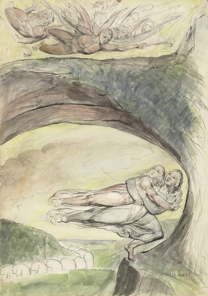 Virgile sauve Dante des démons maléfiques, illustration de la Divine Comédie de Dante Alighieri, 1824-27 - William Blake