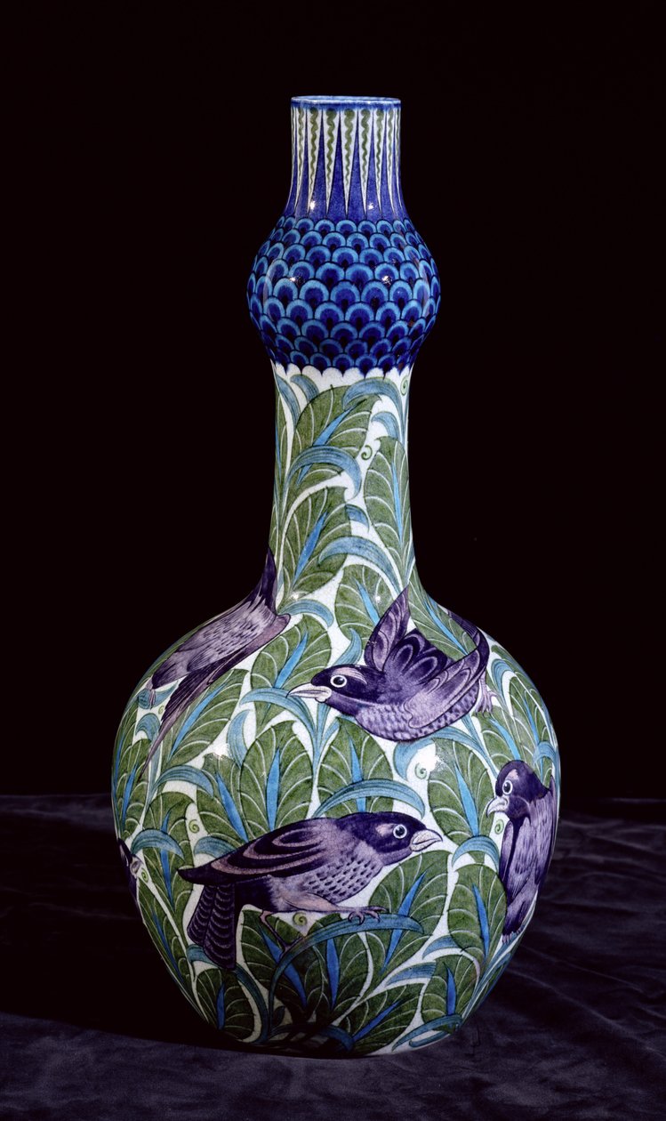 Grande bouteille avec décoration de merle, peinte par Joe Juster, 1888-1904 - William de Morgan