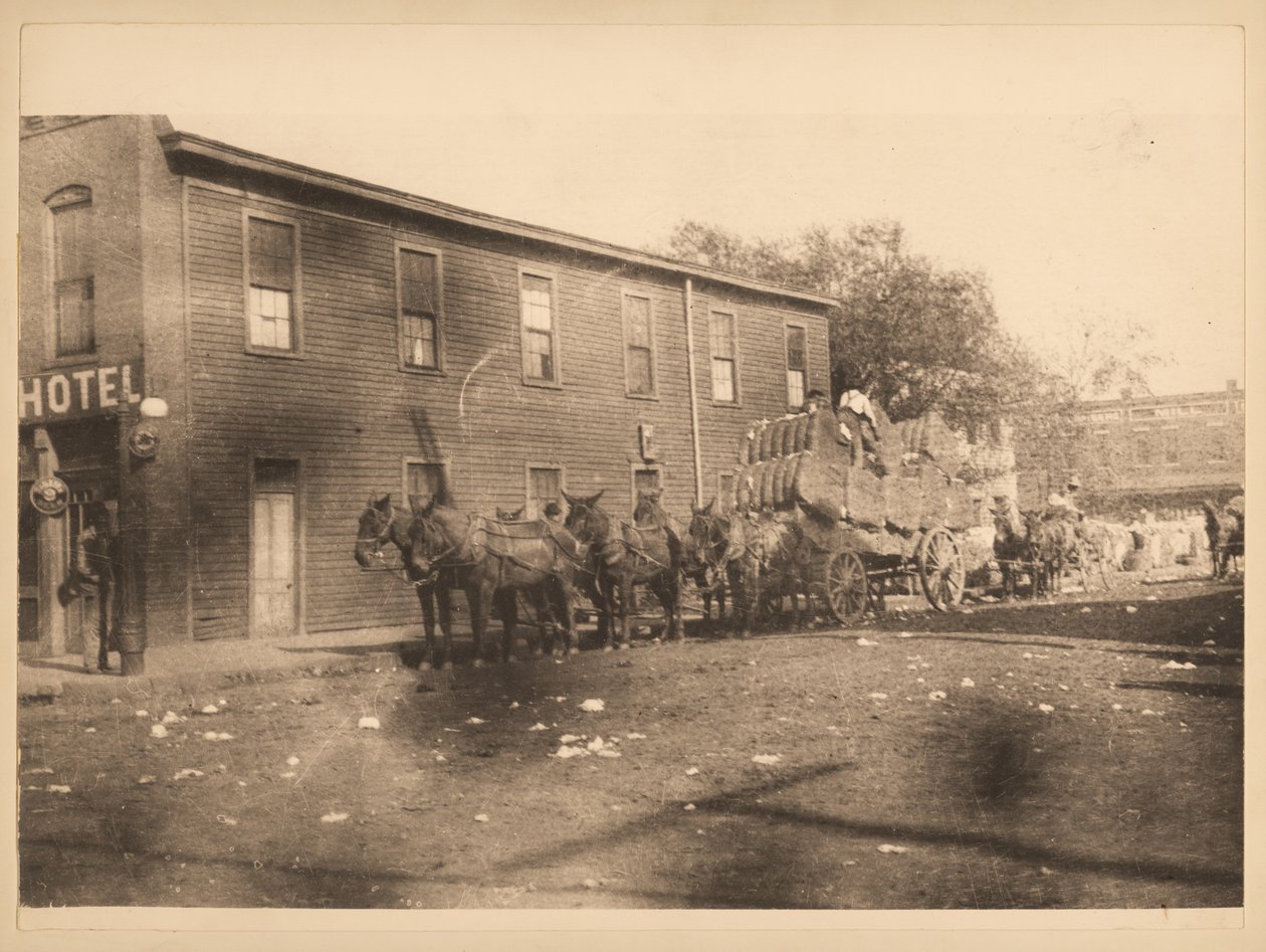 Six mules tirant un wagon rempli de balles de coton dans une rue non identifiée - William G. Swekosky