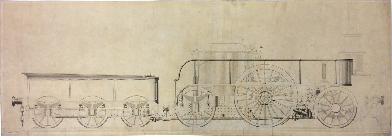 Dessin de construction de locomotive à condensation expérimentale, avant 1848 - William George Armstrong