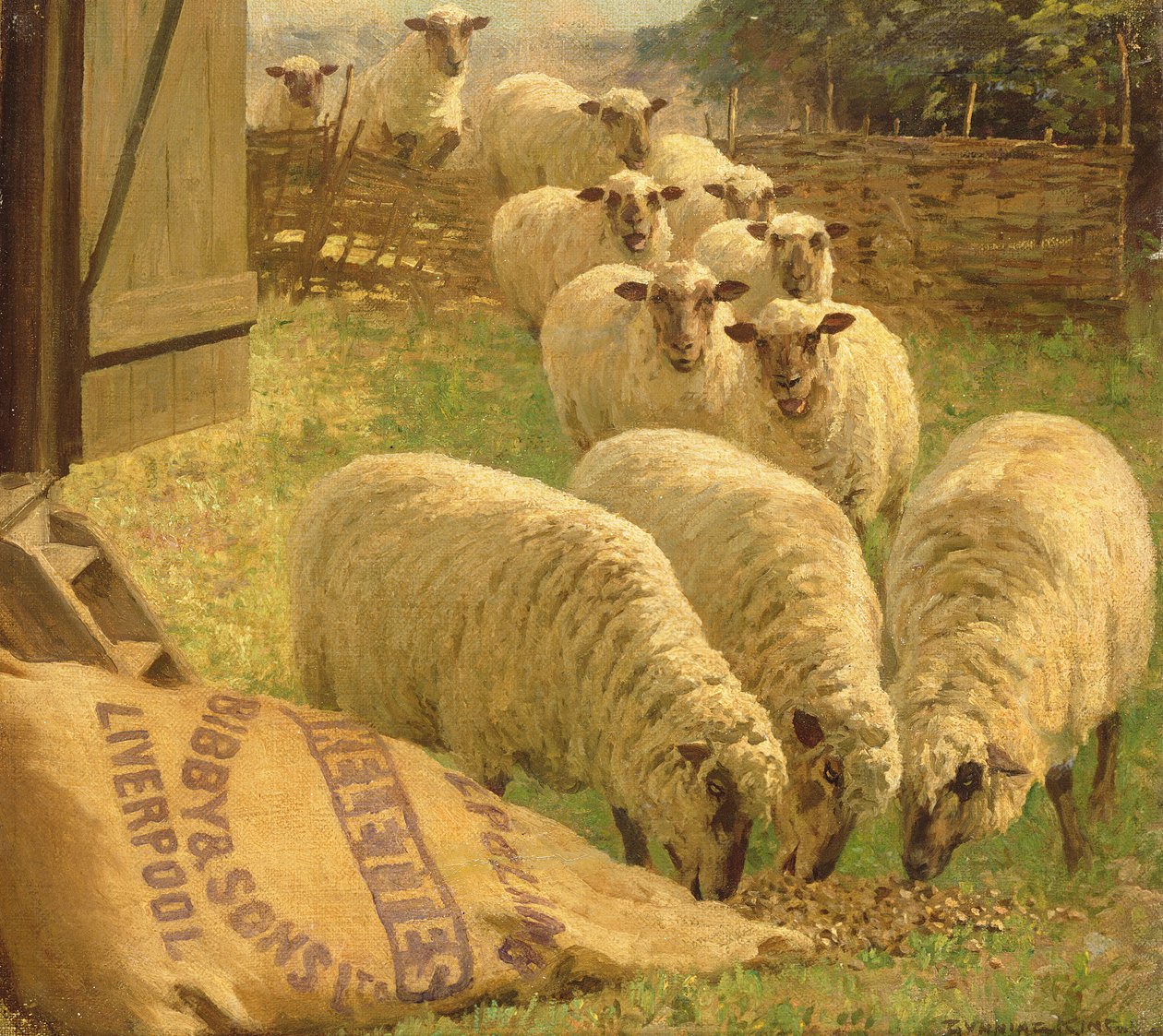 Moutons mangeant dans un sac de grain renversé - William Gunning King