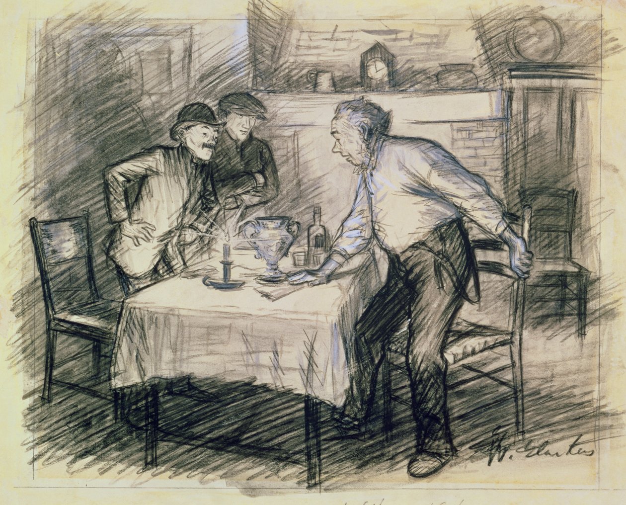 Intérieur avec trois hommes se levant d