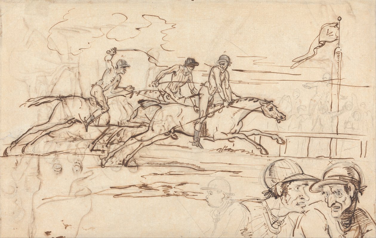 Trois chevaux de course approchant la ligne d