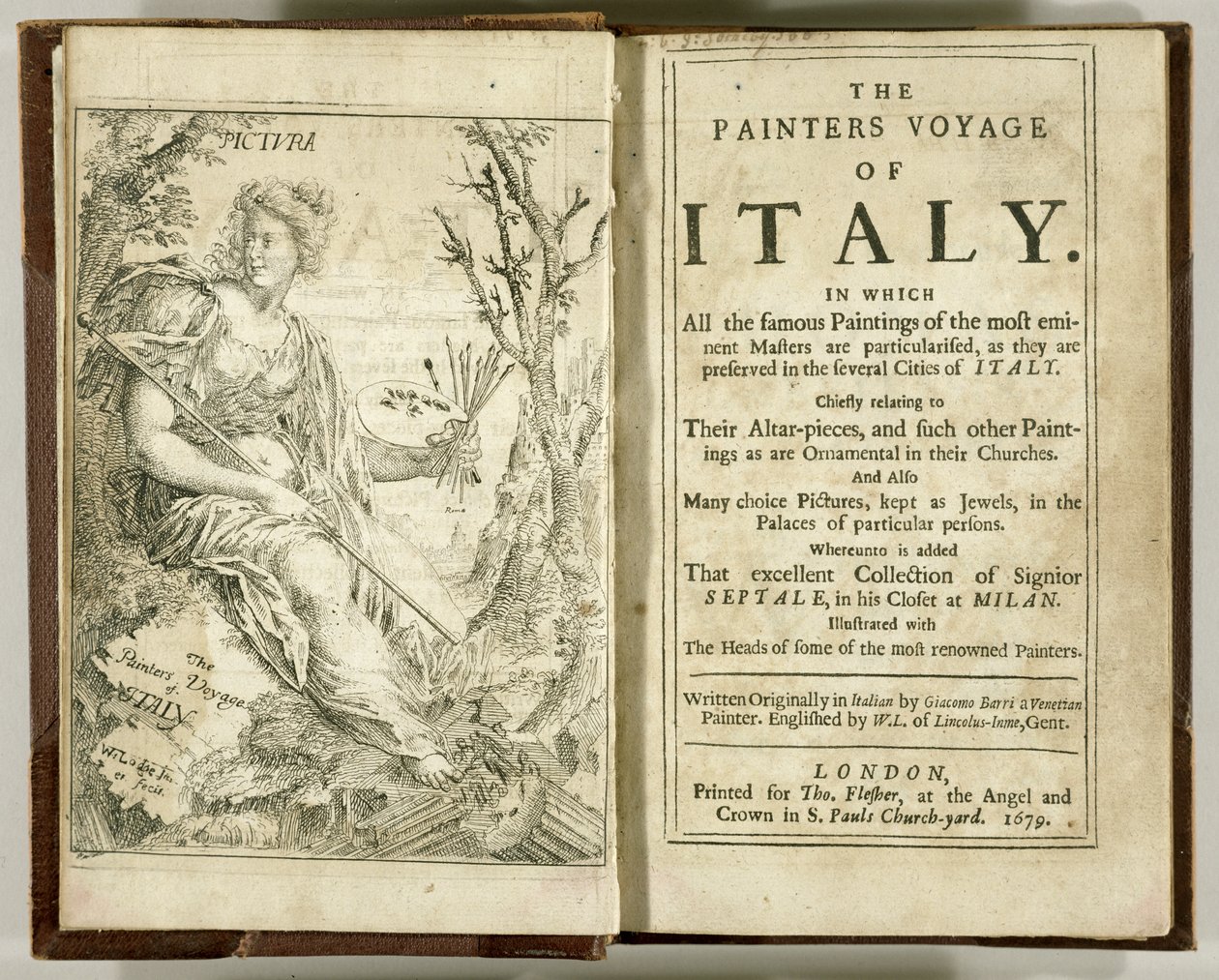 Page de titre de The Painters Voyage of Italy... par Giacomo Barri, 1679 - William Lodge