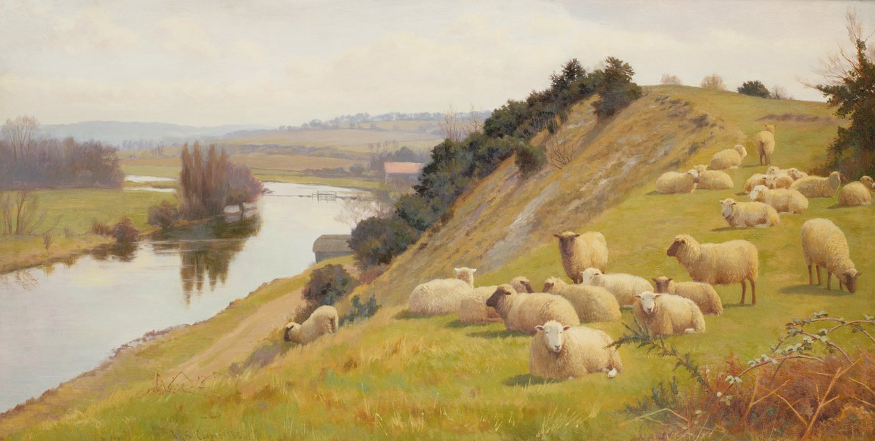 Pâturage au bord de la rivière avec des moutons - William Sidney Cooper