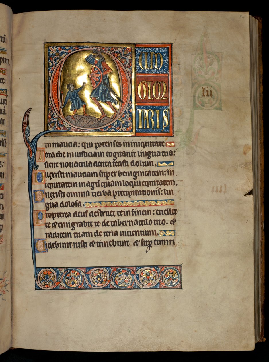 Ms 322 f.54r, Psaume 51, initiale Q, David et Goliath, illustration du 