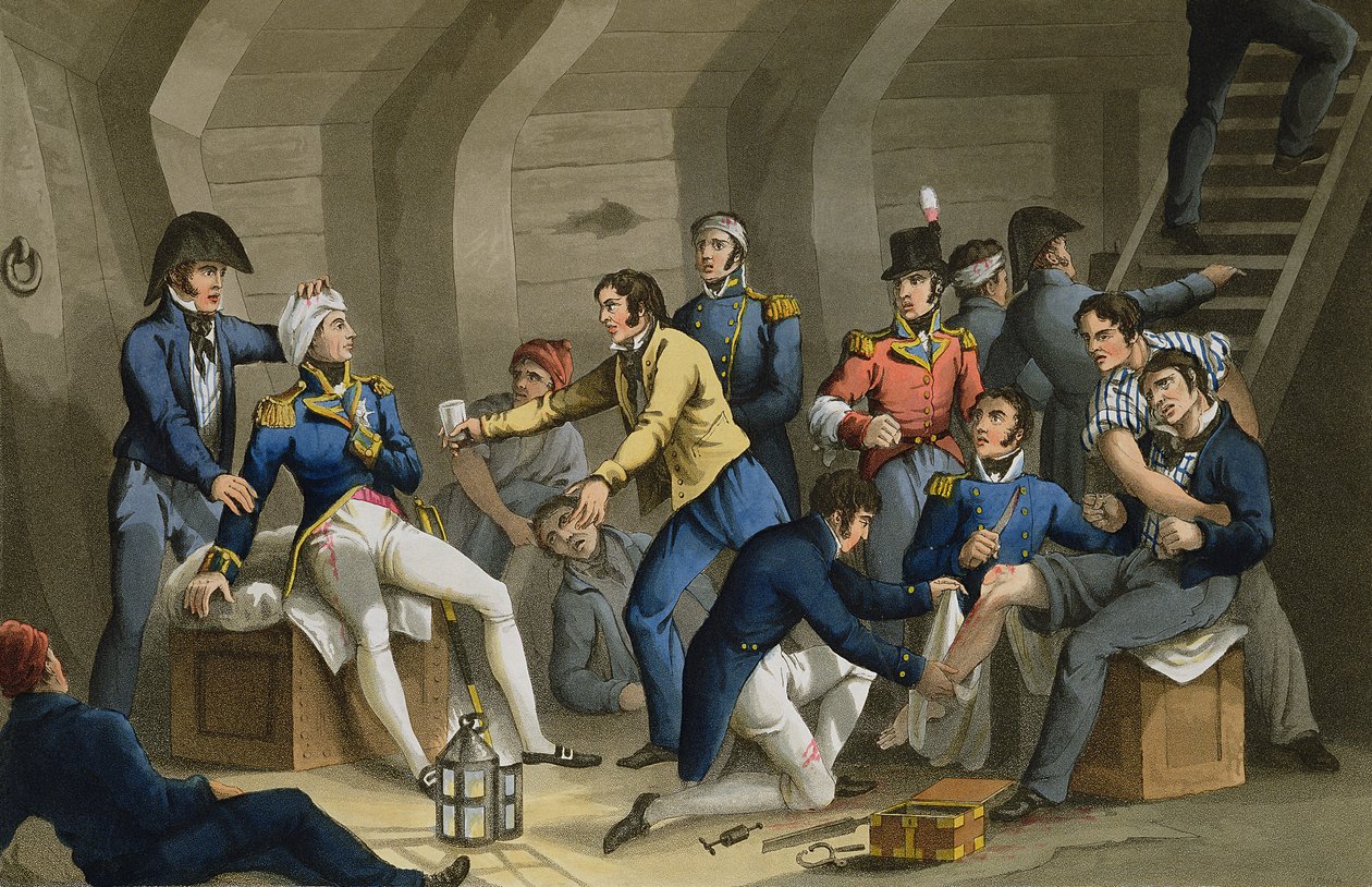 Le Cockpit, bataille du Nil, montrant Nelson blessé dans la bataille, gravé par Matthew Dubourg (fl.1813-20) de 