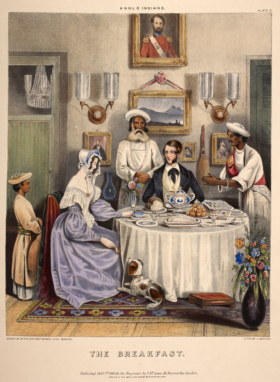 Le Petit-déjeuner. Un jeune couple marié (un fonctionnaire de la Compagnie des Indes orientales et sa femme) prenant le petit-déjeuner avec des poissons frits, du riz et des oranges de Sylhet, avec des serviteurs en assistance. Lithographie de J. Bouvier. - William (after) Tayler