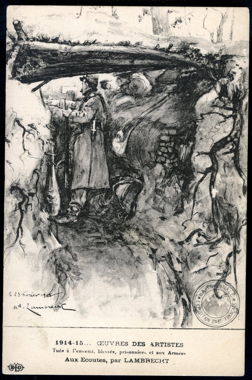 Première Guerre mondiale - Carte patriotique montrant un soldat dans une tranchée regardant la ligne de front, intitulée : 