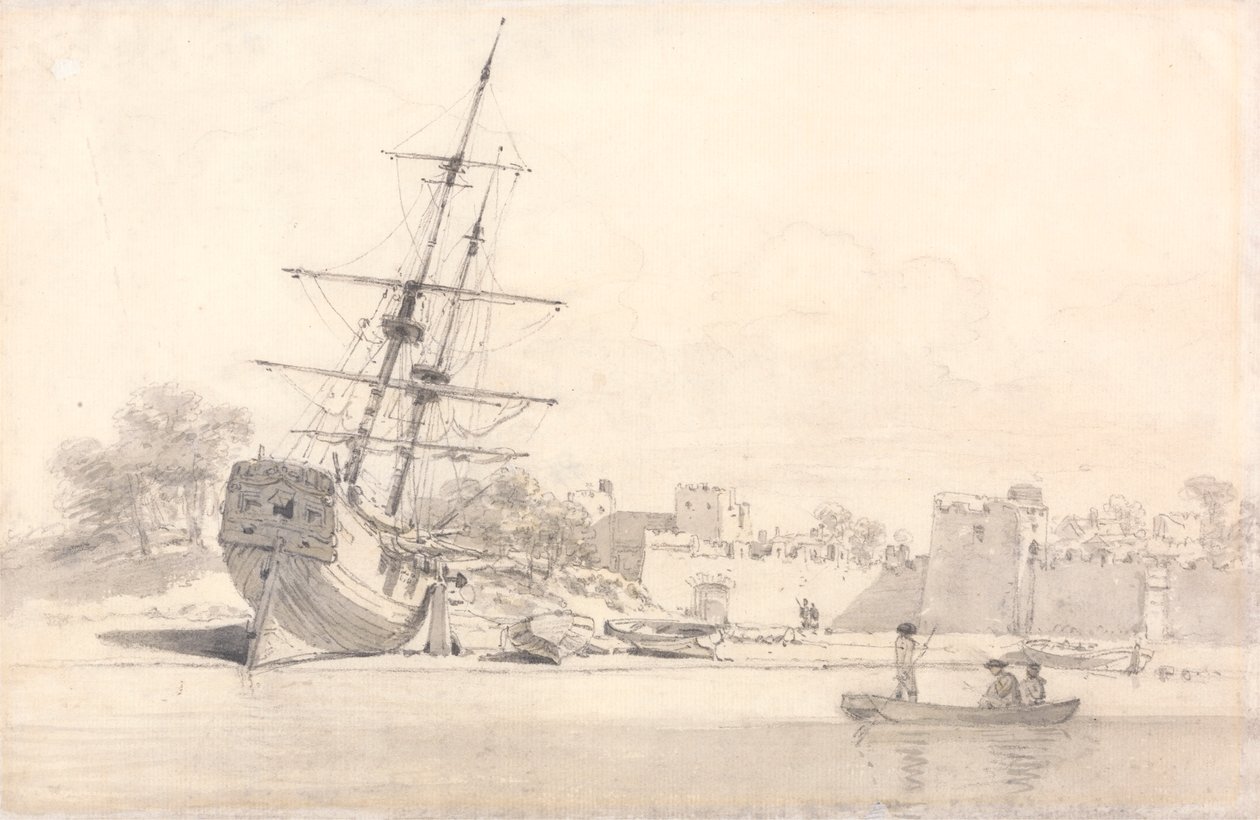 Un petit voilier tiré sur le rivage sous des bâtiments fortifiés - William Alexander