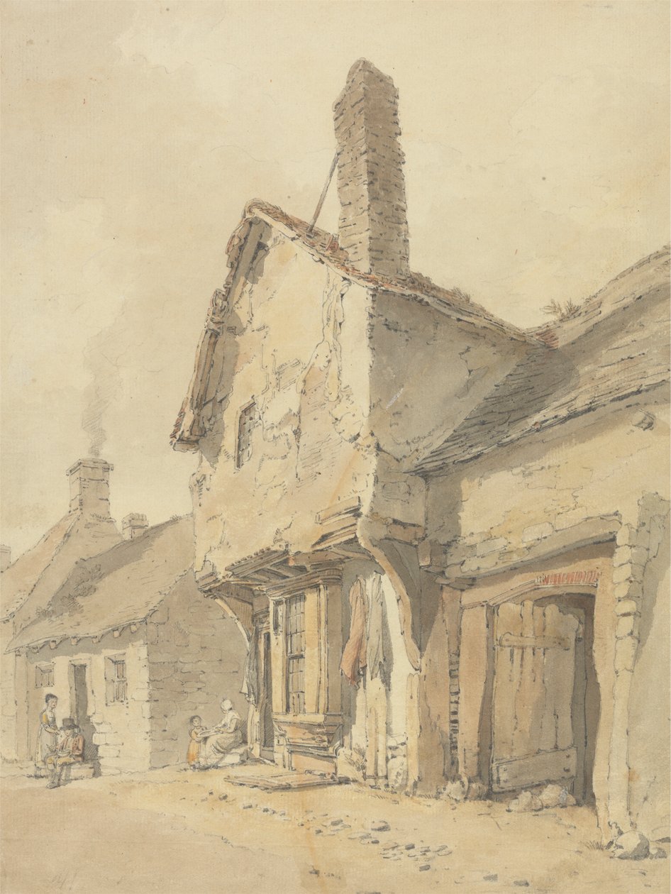 Une rue de village, figures près de vieux cottages - William Alexander