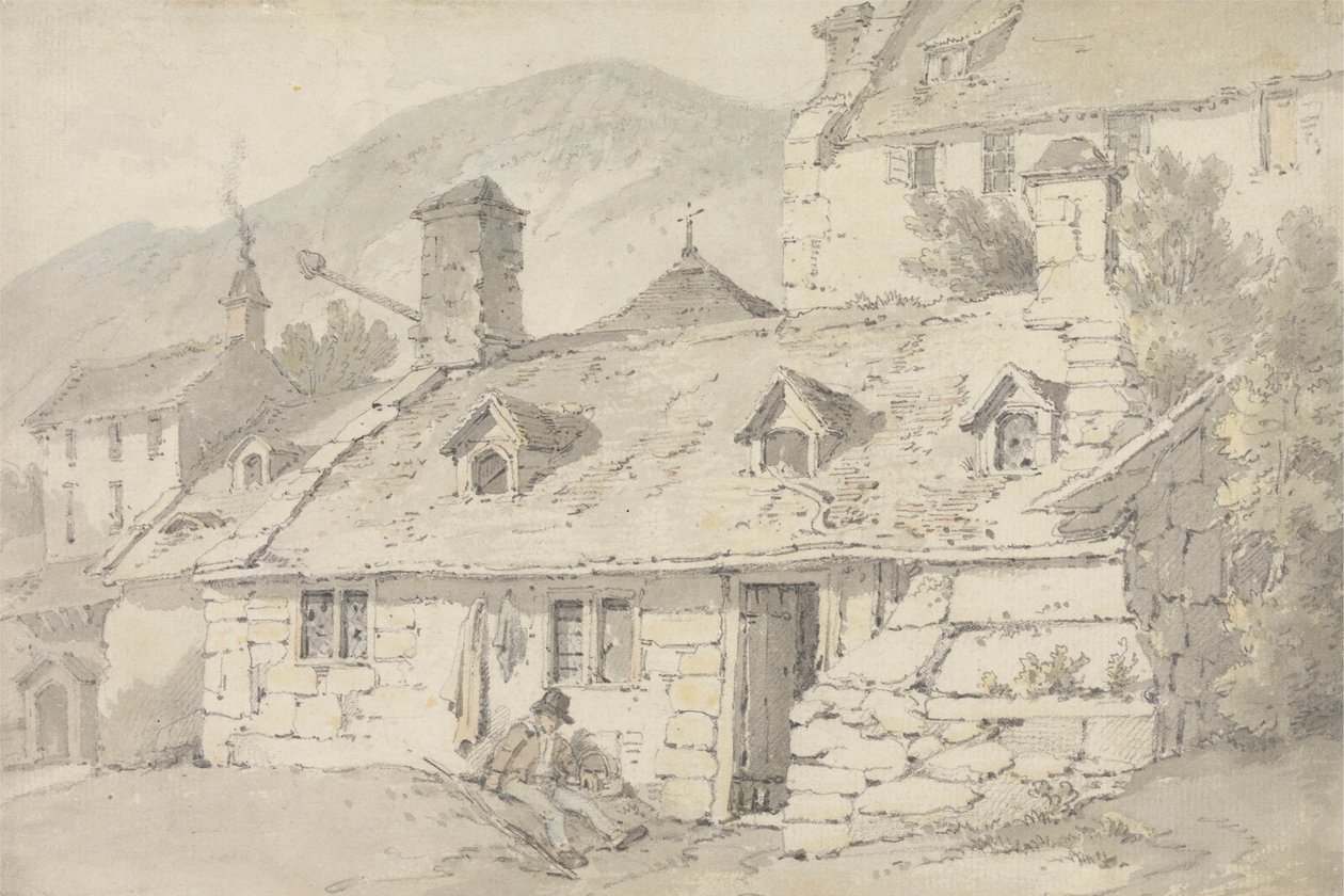 Cottages en pierre dans un paysage montagneux avec une figure au premier plan - William Alexander