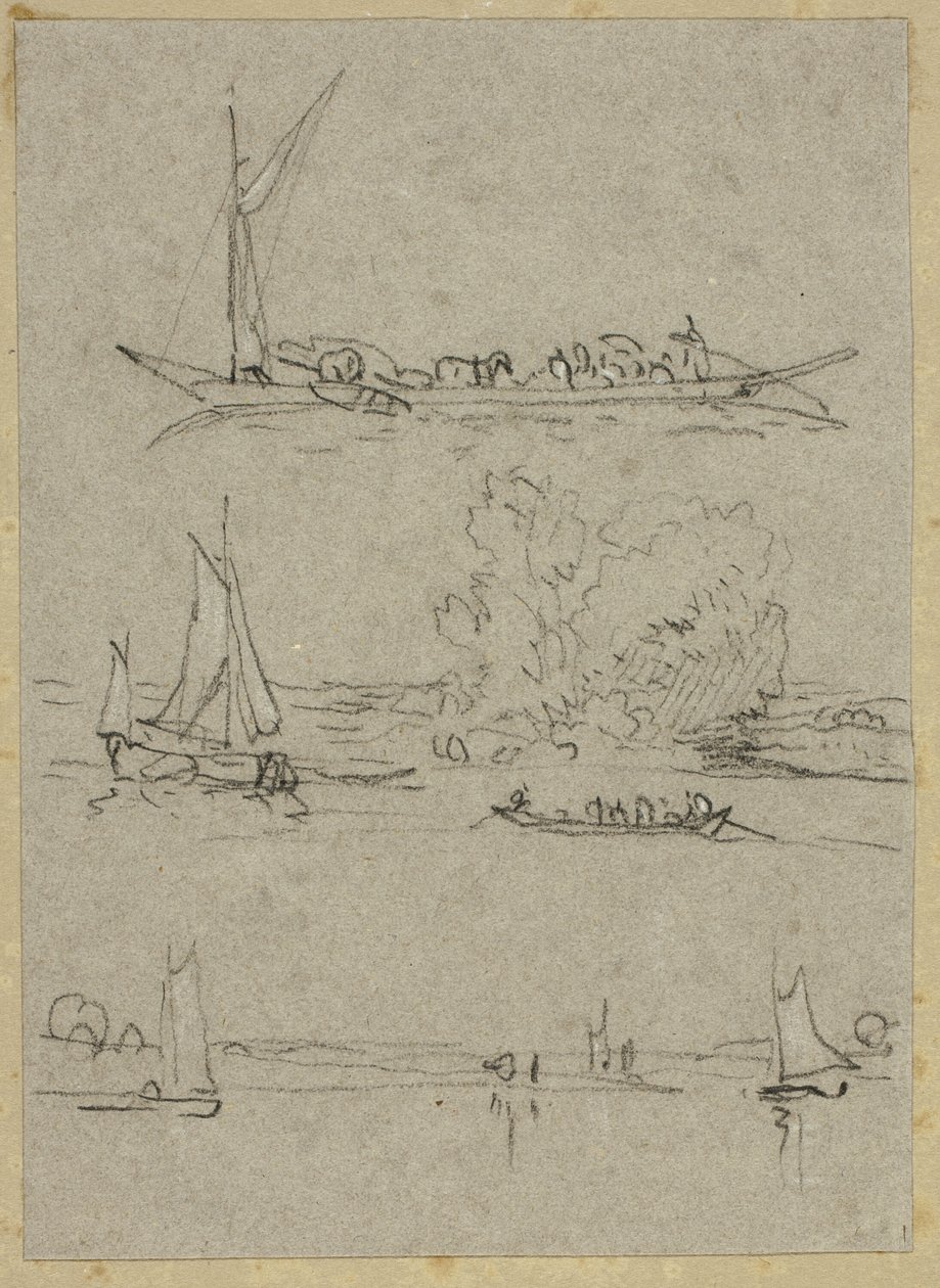 Trois esquisses de bateaux sur la rivière de Düsseldorf - William Alfred Delamotte