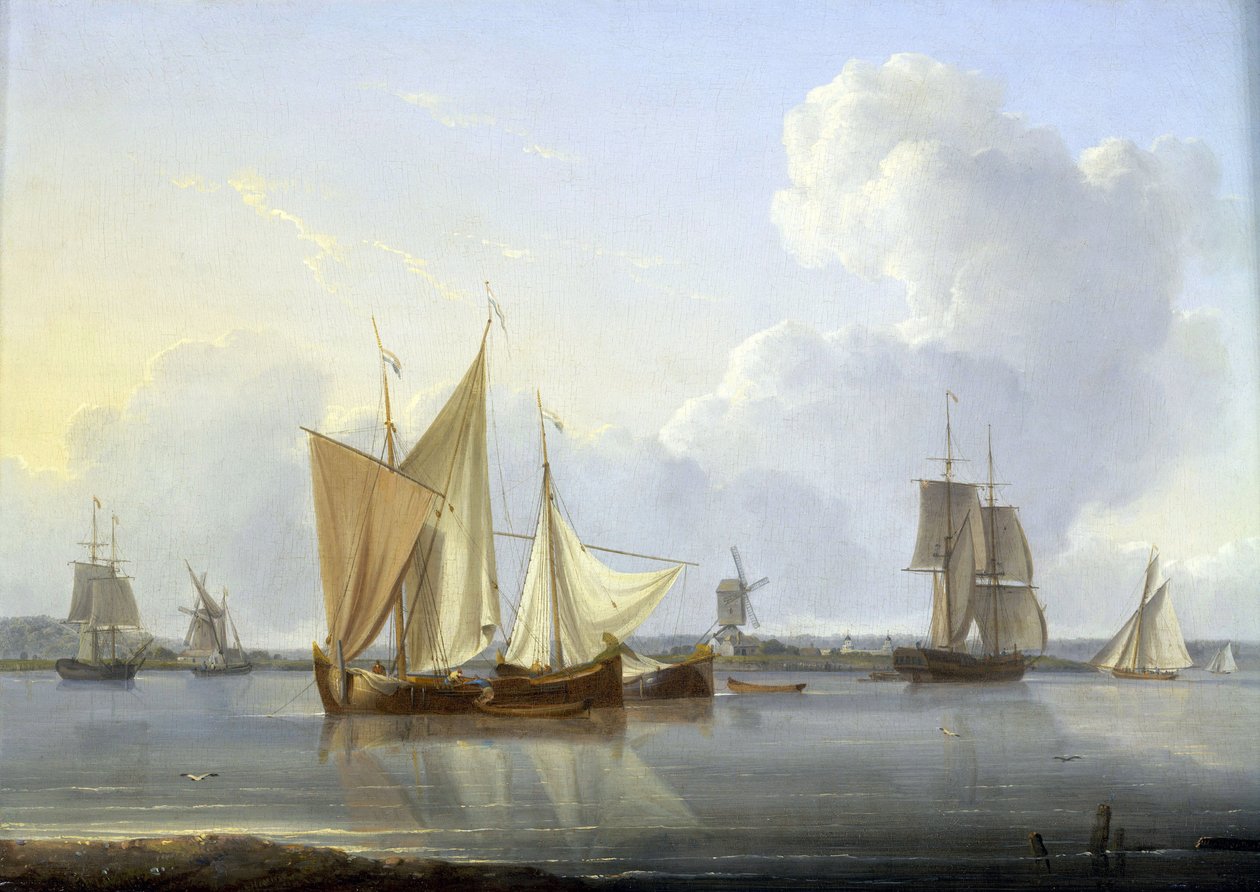 Arrivée à Limehouse, Londres (Angleterre), divers bateaux sur la Tamise et un moulin sur la rive, et à droite l