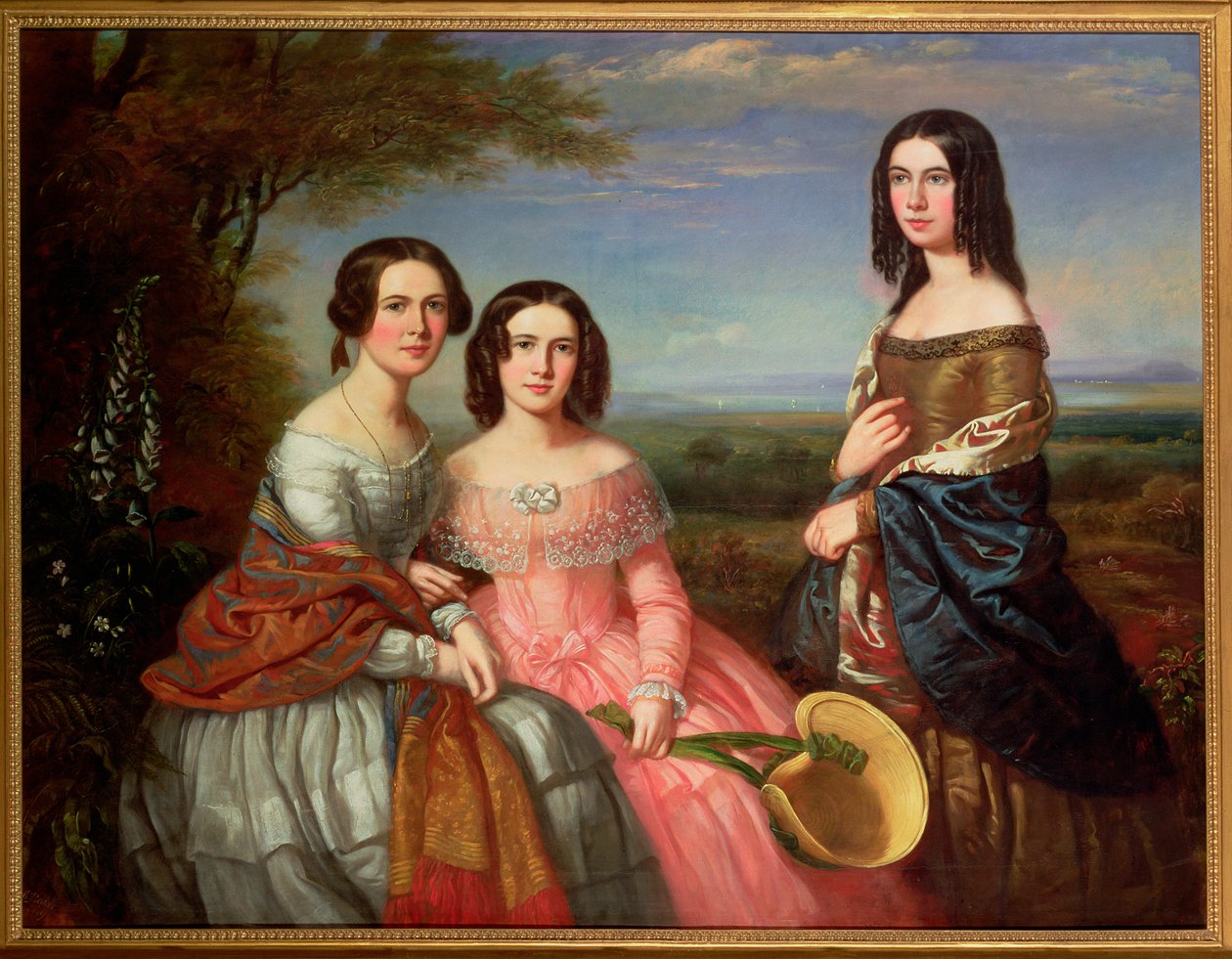 Portrait de groupe de trois filles, trois quarts de longueur, dans un paysage, 1849 - William Baker