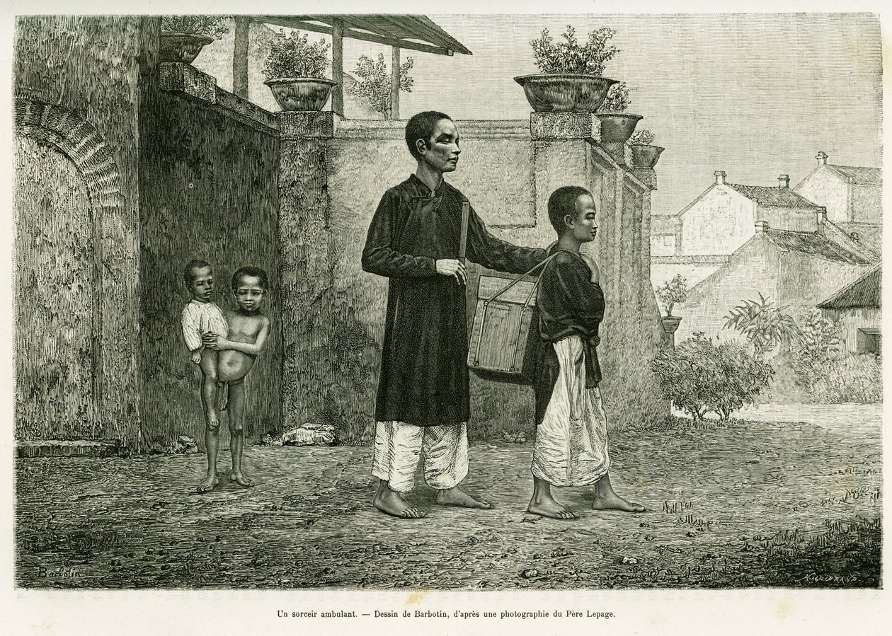 Un sorcier ambulant, un masseur aveugle. Gravure par Barbotin, pour illustrer l