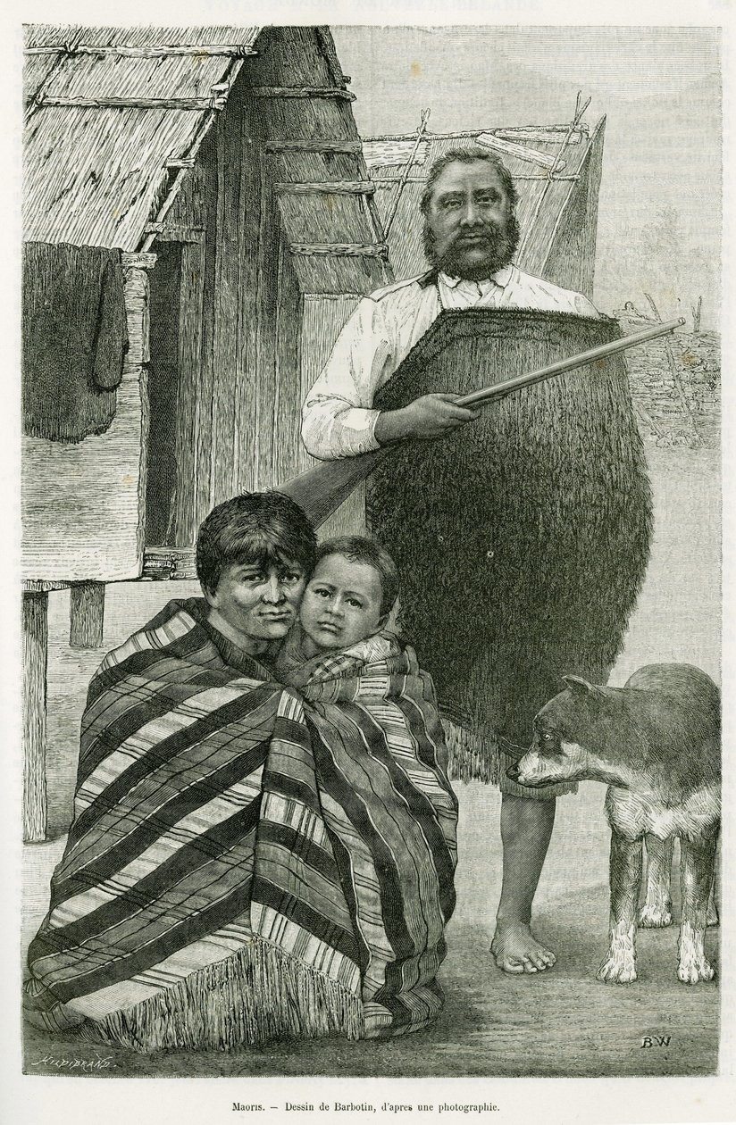 Trois générations de Maori. Gravure par Barbotin, pour illustrer l