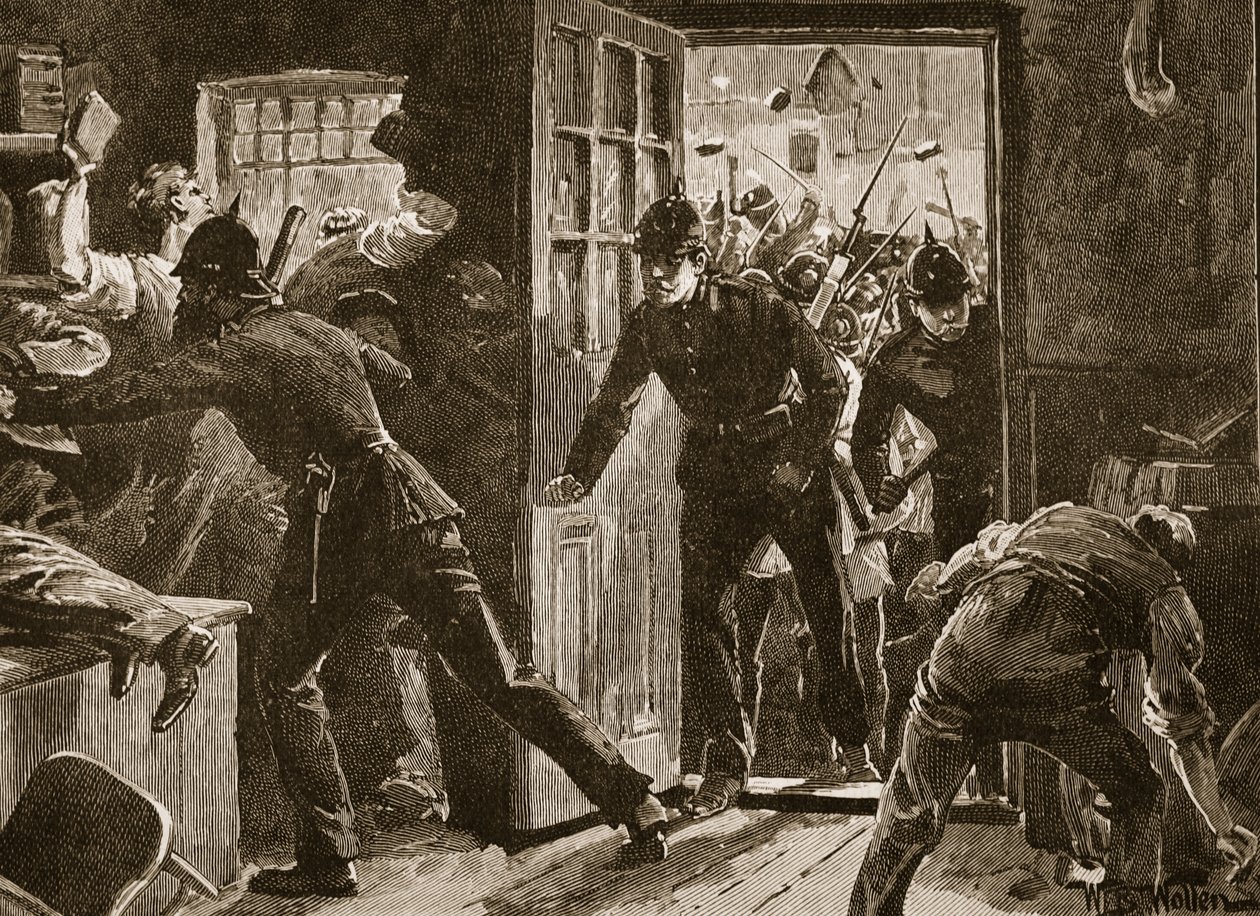 Combat à Ennis entre les membres de la Ligue nationale et la police, 1886, illustration de 