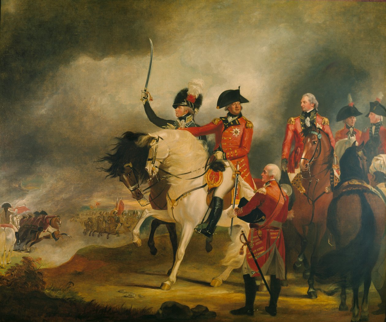 Le roi George III passe en revue le régiment de dragons légers du prince de Galles, accompagné du prince de Galles, du duc d