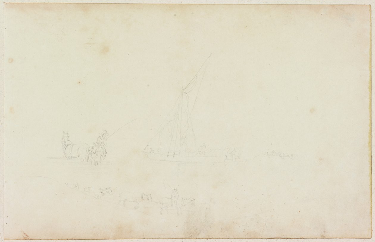 Esquisse de bateau à rames et cavalier avec ligne de chevaux - William Beilby