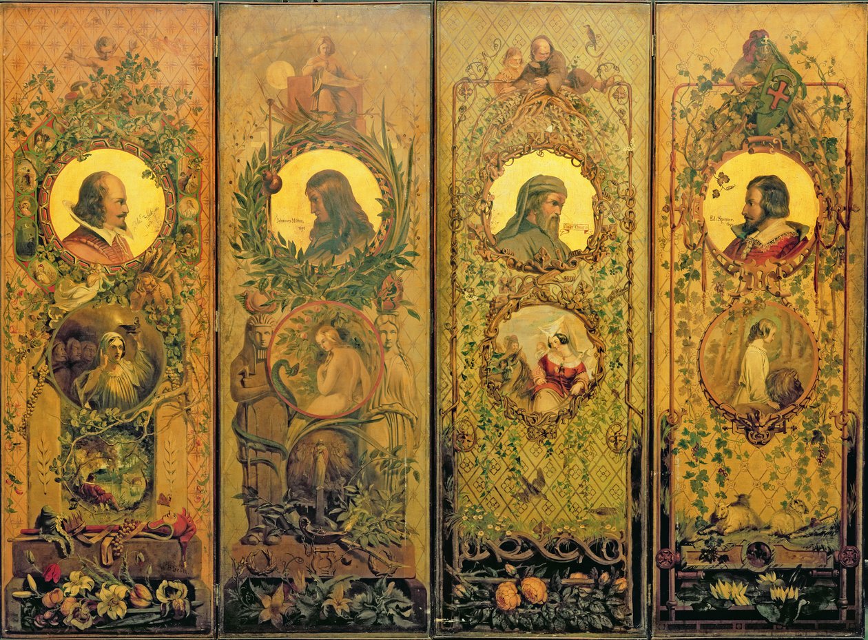 Un paravent à quatre feuilles avec des portraits de Shakespeare, Milton, Chaucer et Spenser - William Bell Scott