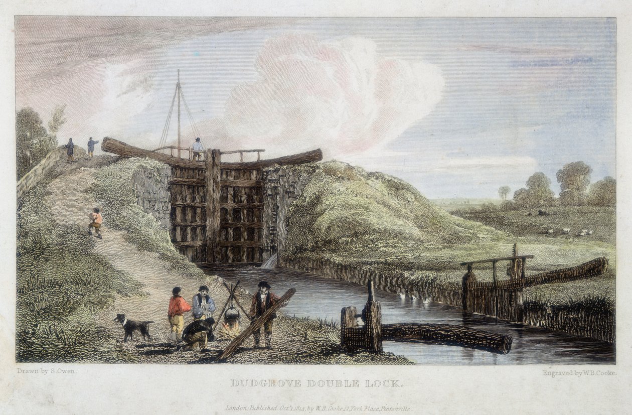 Double écluse de Dudgrove au-dessus de Lechlade, canal de la Tamise et de la Severn, 1814 - William Bernard Cooke