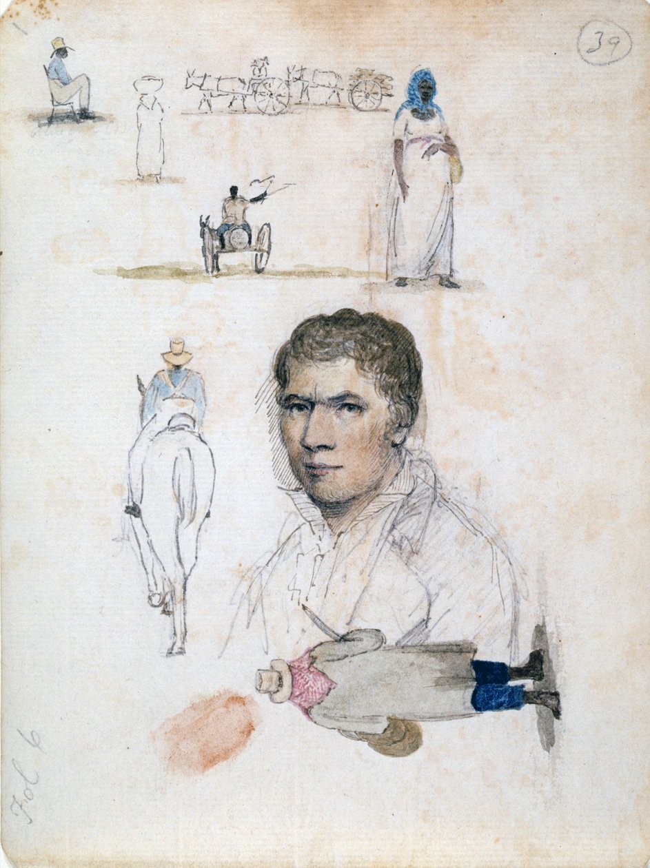 Huit petits dessins, y compris portrait, études de figures, charrettes, par l