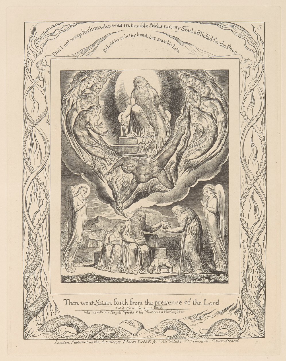 Livre de Job, Planche 5, Satan sortant de la Présence du Seigneur et la Charité de Job - William Blake