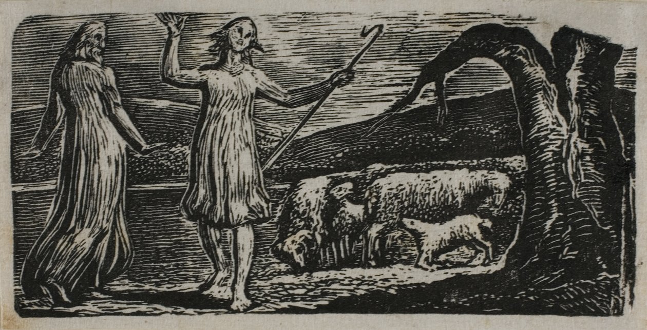 Colinet part dans la tristesse : Tronc fendu à droite, des Pastorales de Virgile - William Blake