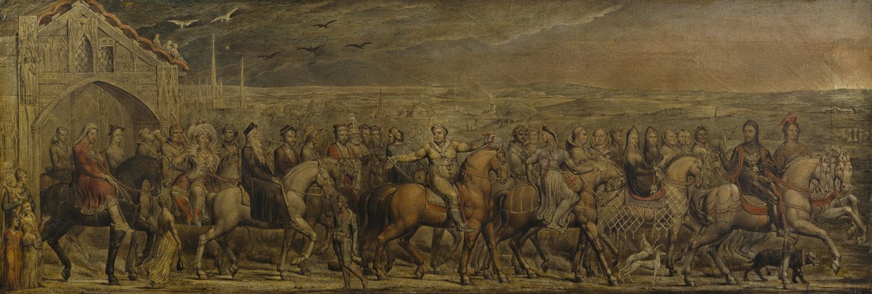 Sir Jeffrey Chaucer (c.1342-1400) et les vingt-neuf pèlerins en route pour Canterbury - William Blake
