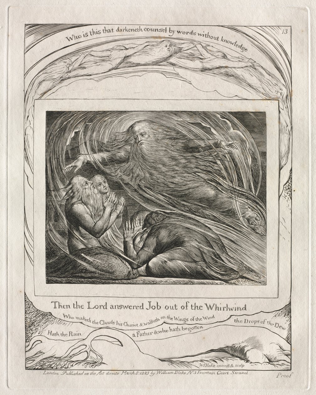 Le Livre de Job : Pl. 13, Alors le Seigneur répondit à Job du tourbillon, 1825 - William Blake