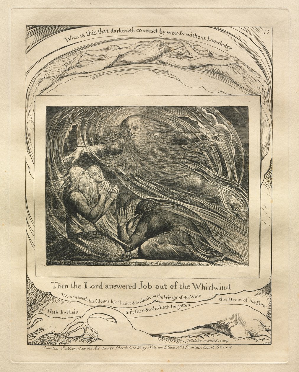 Le Livre de Job: Pl. 13, Alors le Seigneur répondit à Job du tourbillon, 1825 - William Blake