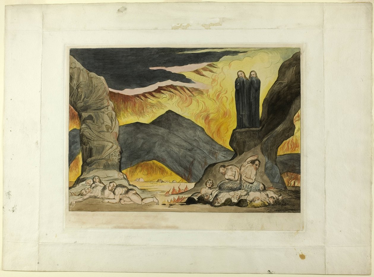 Le cercle des falsificateurs : Dante et Virgile se couvrant le nez à cause de la puanteur. Enfer, chant XXIX - William Blake