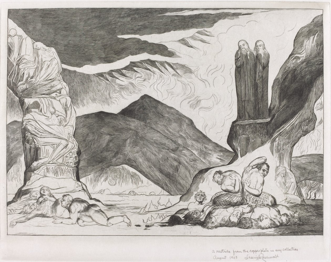 Le cercle des falsificateurs : Dante et Virgile se couvrant le nez à cause de la puanteur - William Blake