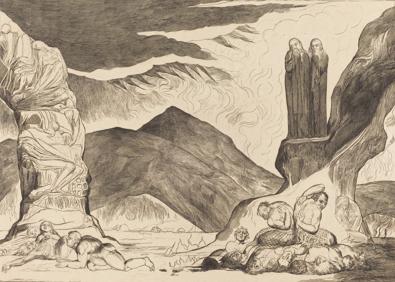 Le Cercle des Falsificateurs: Dante et Virgile se Couvrant le Nez à cause de la Puanteur - William Blake