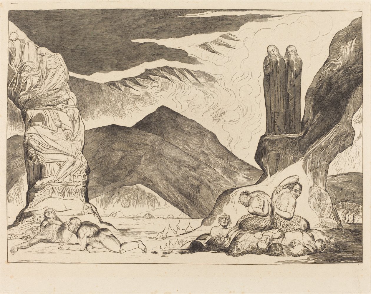 Le Cercle des Falsificateurs; Dante et Virgile se Bouchant le Nez à cause de la Puanteur - William Blake